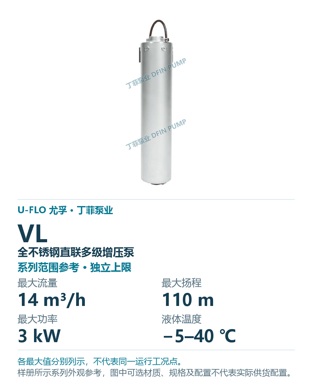 U-FLO VL 全不锈钢直联多级增压泵，样本系列外观参考