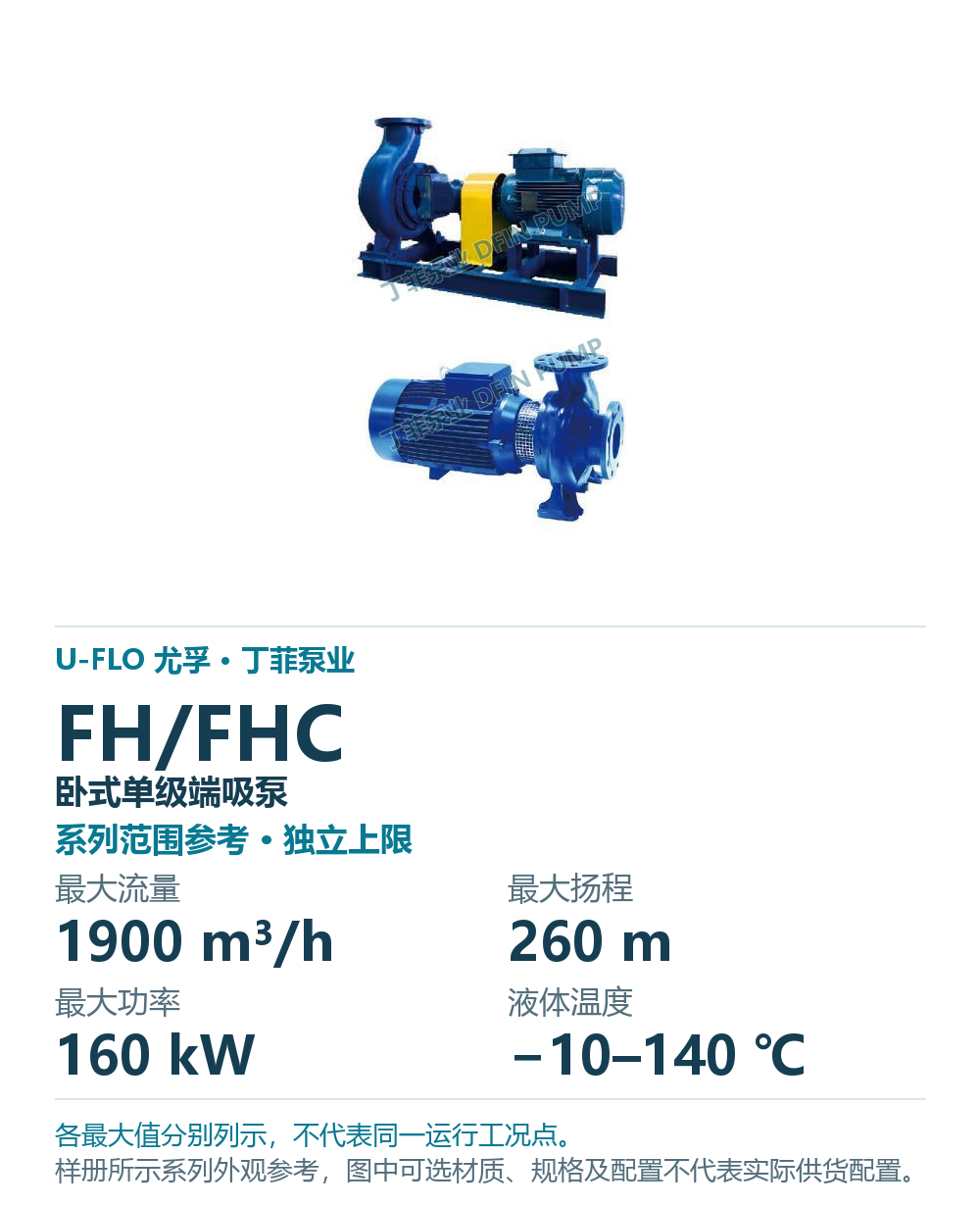 U-FLO FH & FHC 卧式单级端吸泵，样本系列外观参考