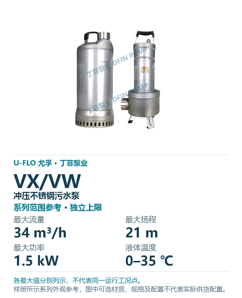 U-FLO VX & VW 冲压不锈钢污水泵，样本系列外观参考