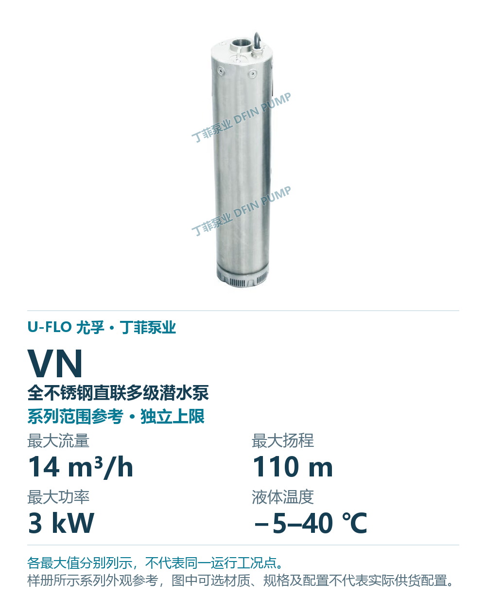 U-FLO VN 全不锈钢直联多级潜水泵，样本系列外观参考