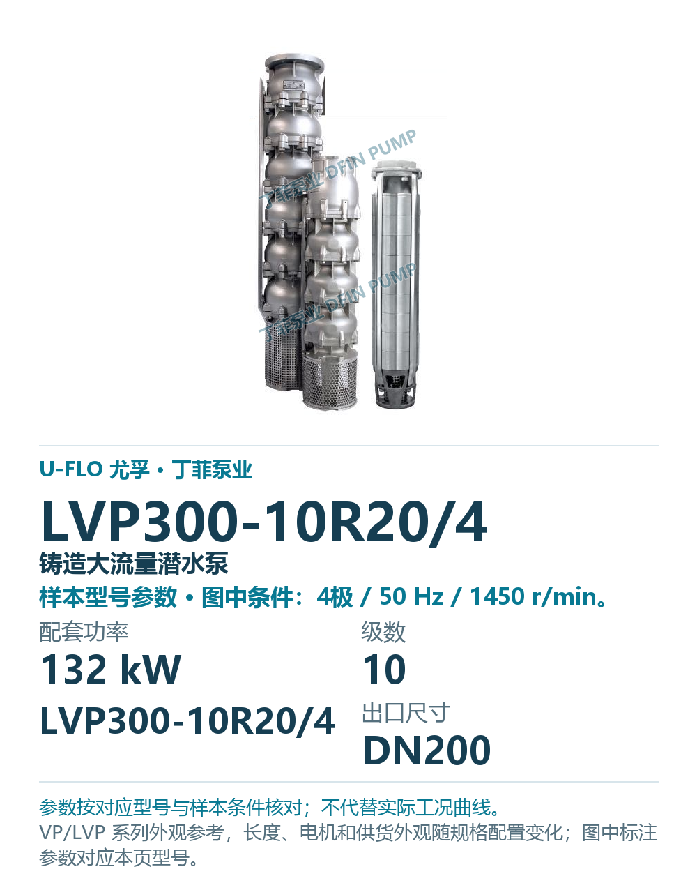U-FLO 尤孚 LVP300-10R20/4 铸造大流量潜水泵，样本系列外观参考