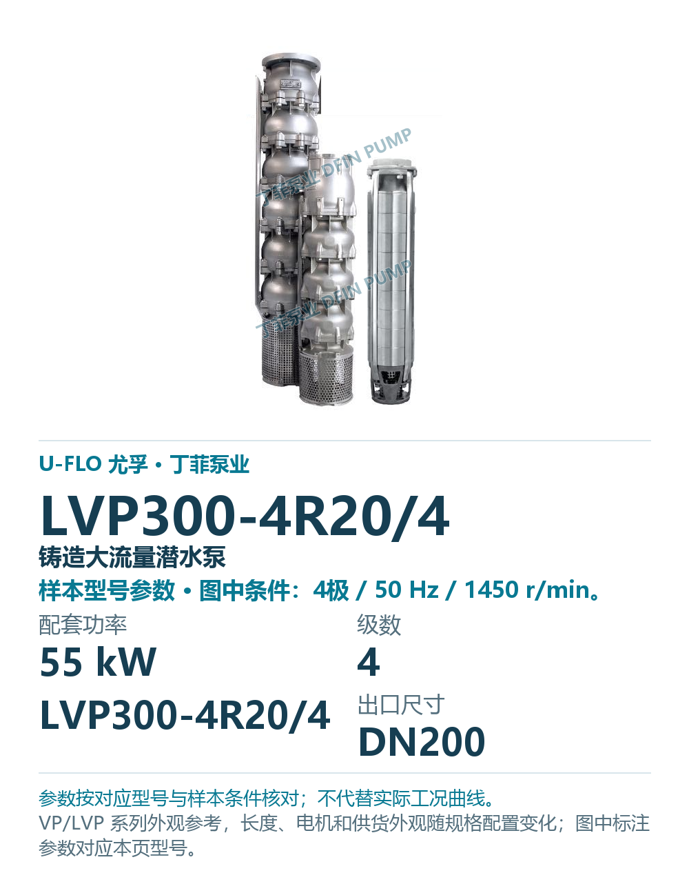 U-FLO 尤孚 LVP300-4R20/4 铸造大流量潜水泵，样本系列外观参考